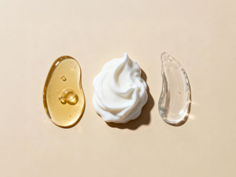 Three skincare product textures representing retinol retinal and tretinoin differences