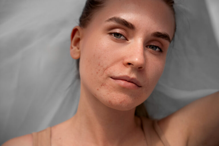 Woman in her 300s with visible hormonal acne on cheek and jawline looking calm and confident