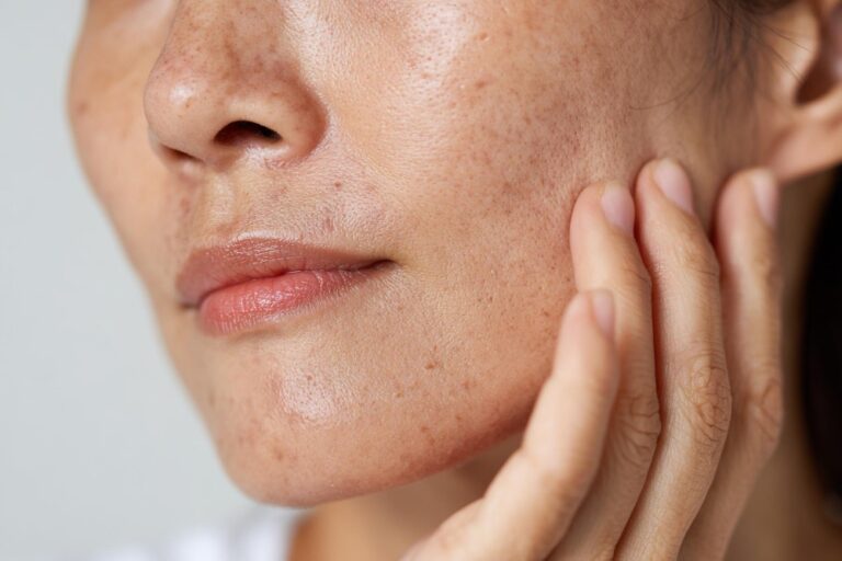 Woman with dark spots applying SPF on her face with her hand