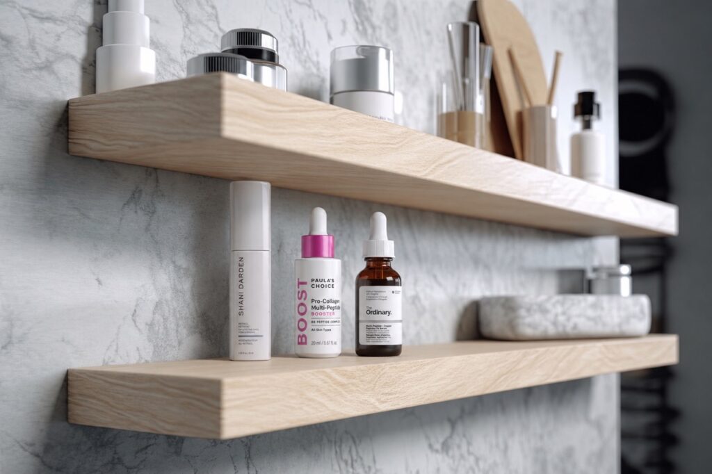 Peptide and retinol serums on a bathroom shelf for treating acne and wrinkles at the same time