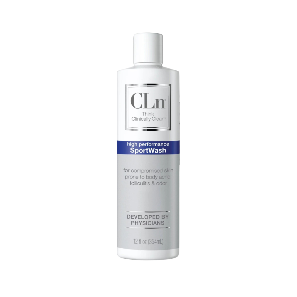 CLn SportWash body wash bottle, used for recurring back breakouts and folliculitis