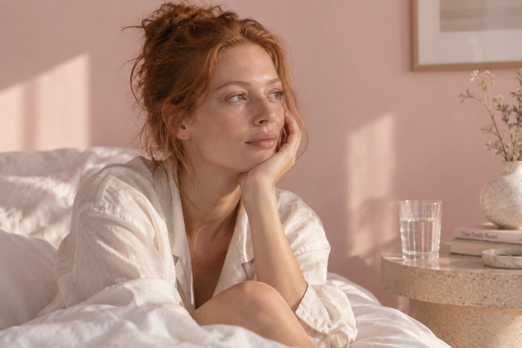 Woman resting peacefully in bed in the morning light, supporting a calm, healthy cortisol routine.