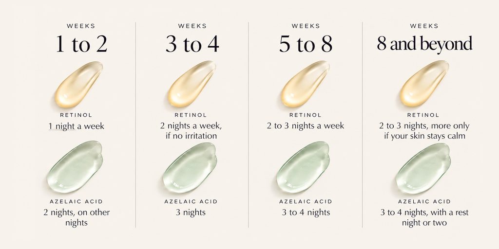 Week by week plan for building up retinol and azelaic acid nights without irritation
