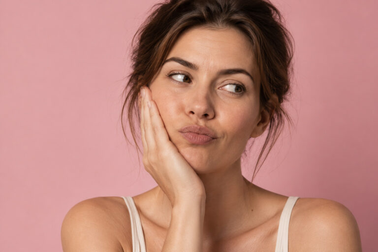 Woman with a skeptical expression, questioning whether cortisol face is a real skin concern.
