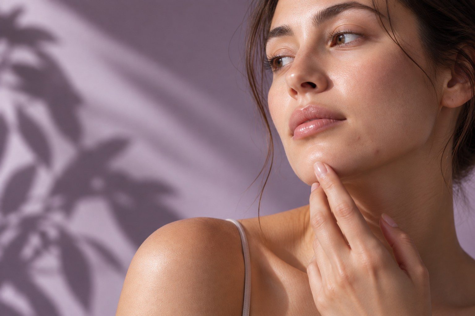 Woman touching her jawline with calm glowing skin