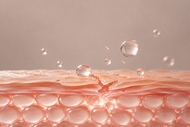 3D illustration of skin barrier layers with water droplets showing hydration and repair