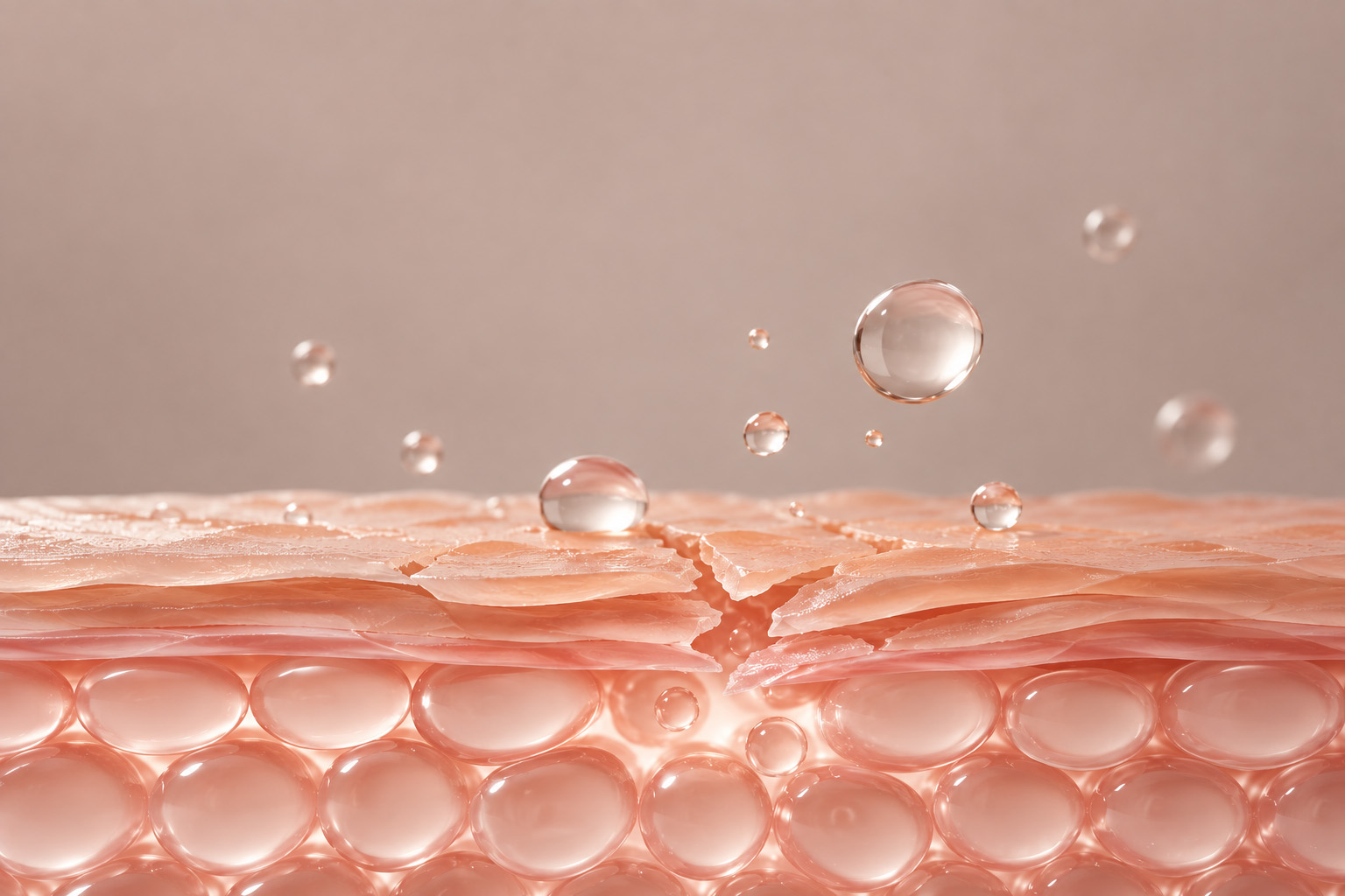 3D illustration of skin barrier layers with water droplets showing hydration and repair
